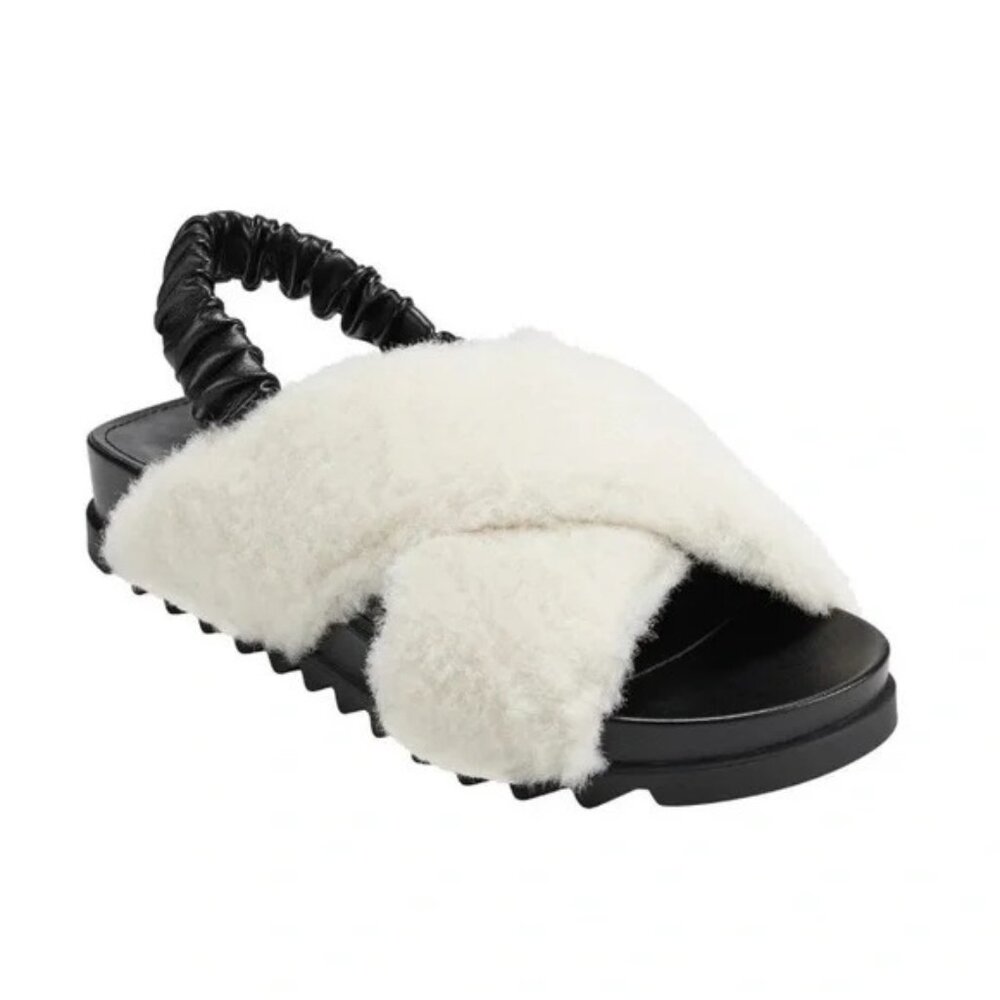 Marc Fisher Women's Faux Fur Cross Band Slide Sandals Rubber Sole 7M